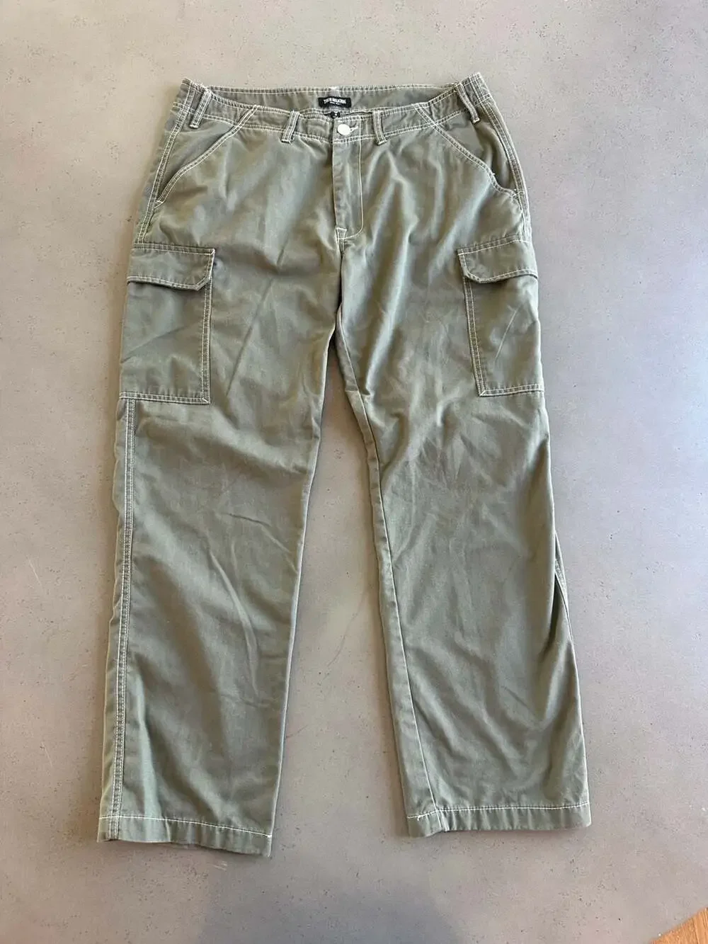 True Religion Olive Green Twill Cargo Pants with Contrast Stitching